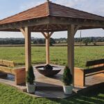 Custom+wooden+hardwood+oak+gazebo+corner+entry,+garden+daytime