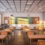 interior views of an empty Japanese-style classroom. 3d render